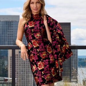 Boston Proper mock neck Floral Dress - Red and Gold